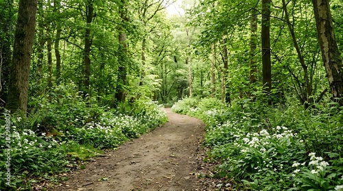 Serene forest path lined with green trees and white flowers on a sunny day in nature