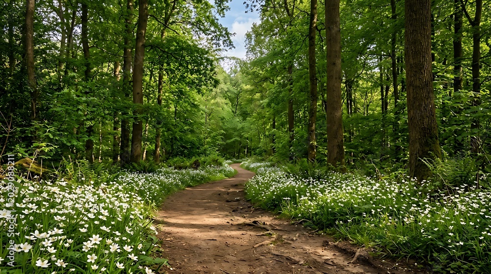 Fototapeta premium Serene forest path lined with wildflowers and tall trees on a sunny day in a lush green woodland