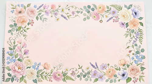 Pink floral border frame with colorful flowers and leaves on light pink