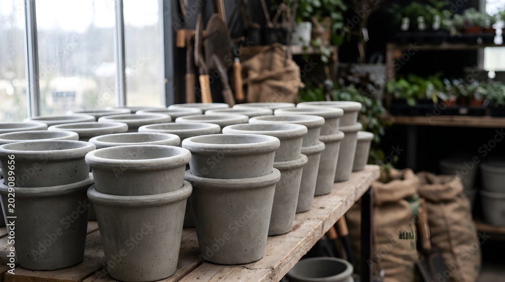 Obraz premium Stacks of Empty Grey Concrete Flower Pots on a Shelf