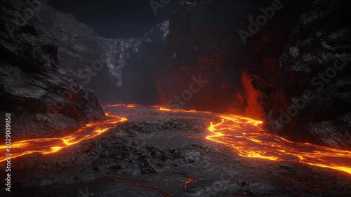 Fiery River of Molten Lava Flowing Through a Dark Volcanic Cave with Glowing Embers and Hot Rock Formations