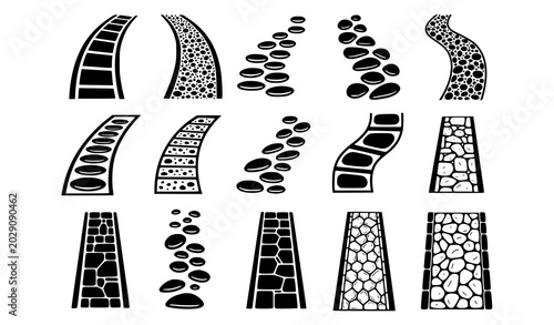 Photos Monochrome garden pathway illustration set with curved stone walkways and landsc