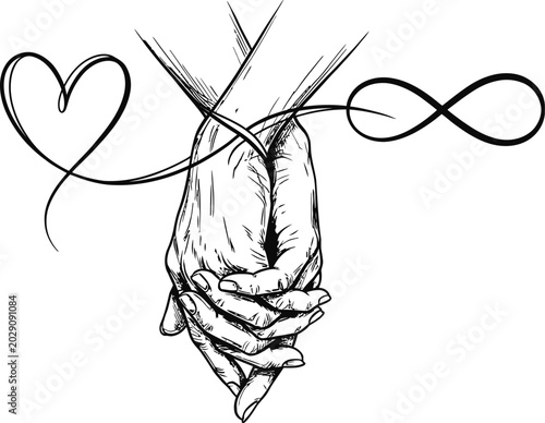 Bild auf Leinwand Black and white illustration of two hands holding each other with heart and infinity symbol