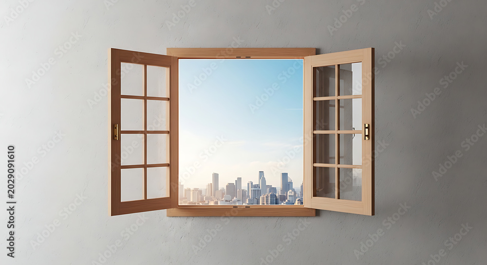Fototapeta premium An open window frames a cityscape view from a room with a brown frame.