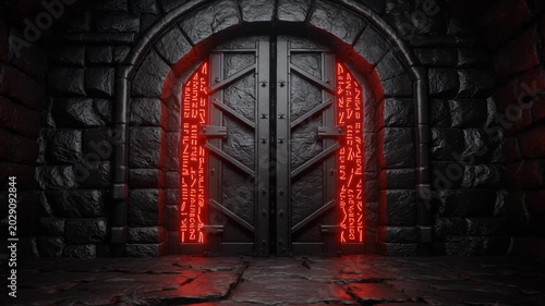Mysterious ancient stone doorway with glowing red runes, a dark fantasy dungeon entrance