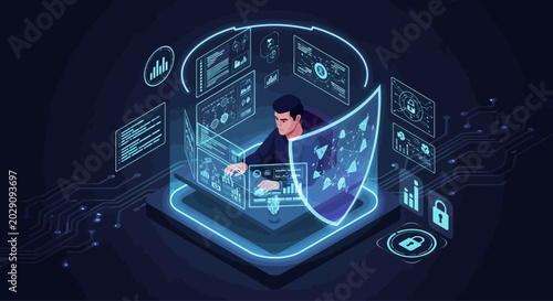 Cybersecurity expert working with futuristic interface, data protection, digital shield, network security