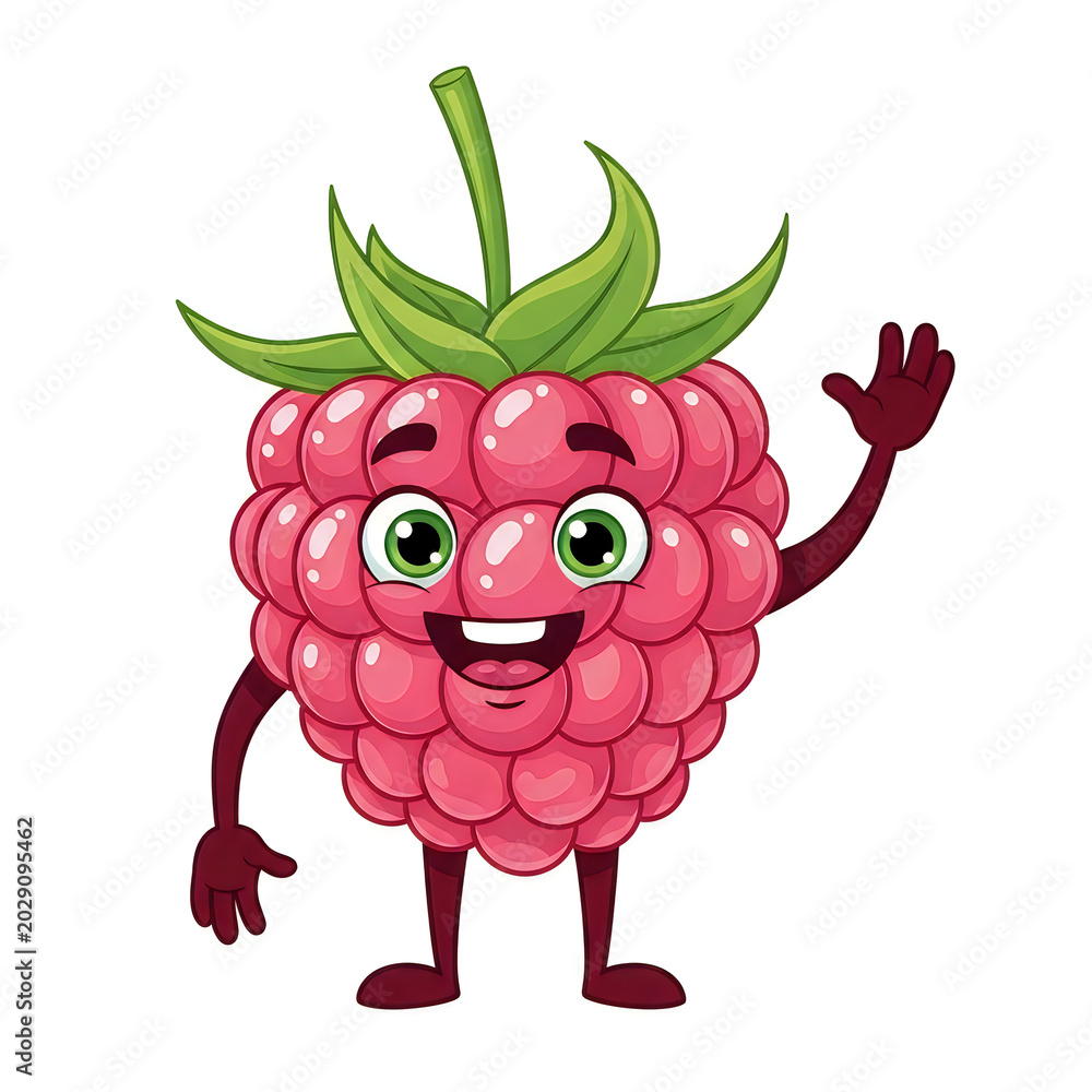 Fototapeta premium Cute raspberry character with arms and legs waving happily