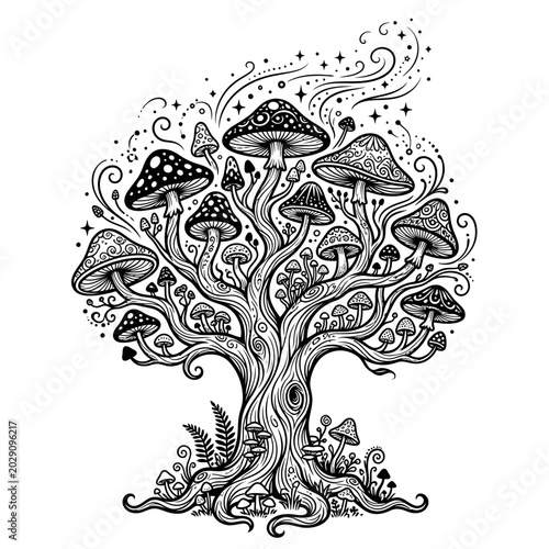 Bild auf Leinwand Whimsical tree with many patterned mushrooms and stars fairy tale magical fore