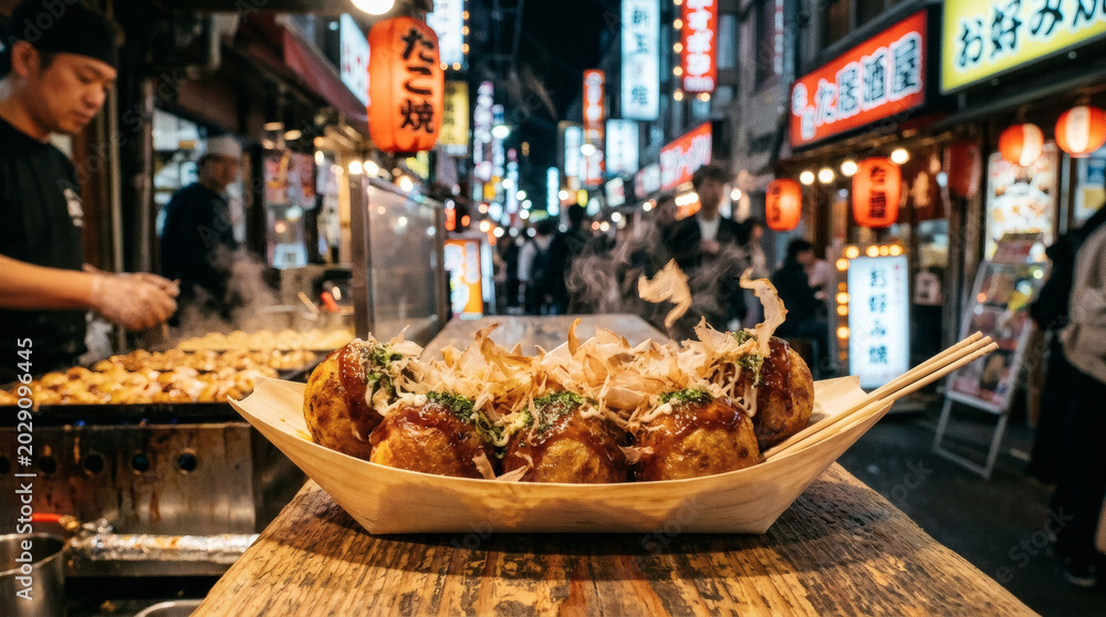 Fototapeta premium Hot takoyaki served in Japanese street market with glowing neon lights and busy crowd.