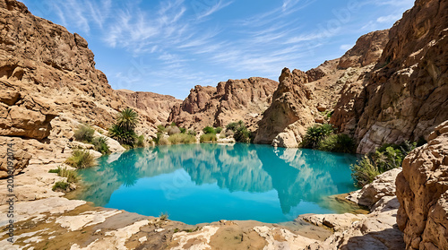 Turquoise oasis in desert canyon natural spring and rocky cliffs