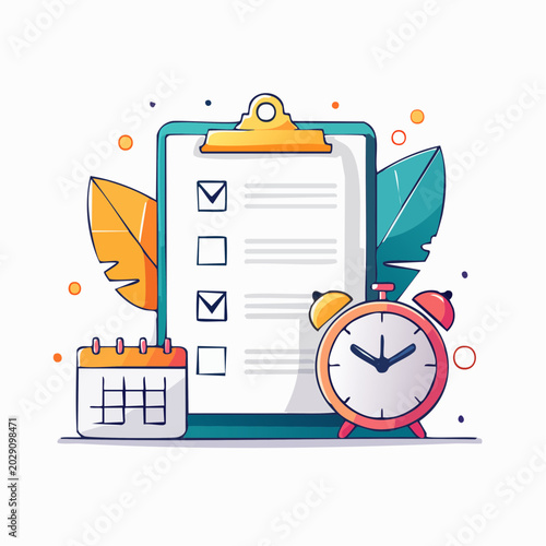 Checklist, Calendar, and Alarm Clock Illustration