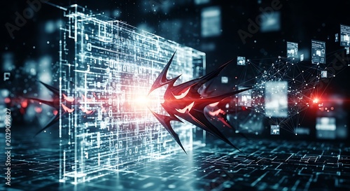 Cybersecurity shield protects digital data from malicious attacks.