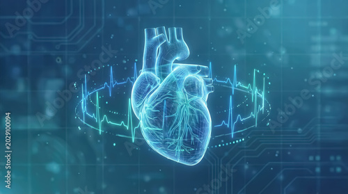 Glowing blue wireframe human heart model floating in a digital medical space with circular electrocardiogram waves and data circuit board patterns