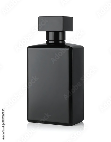 A sleek, matte black rectangular perfume bottle