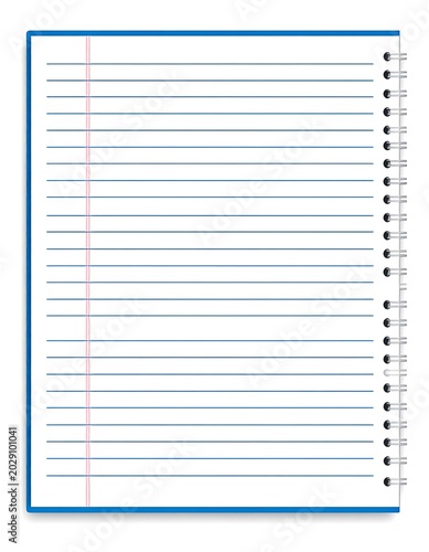 A spiral-bound notebook page with blue lines and a red margin line