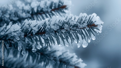 Close-up of rime ice and hoarfrost forming on conifer branches in cold winter morning light