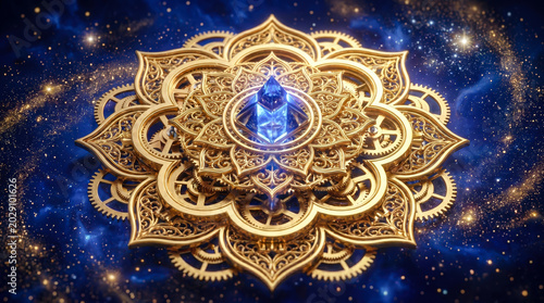 Futuristic purple light panels on black background, Gold clockwork mechanism glowing.