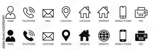 Business Communication vector icon collection, contact symbols featuring email, mobile phone, address, fax and globe icons for online and professional networking concepts.