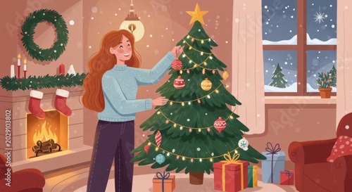 Cheerful illustration of a young woman decorating a tall Christmas tree in a cozy living room with a fireplace.