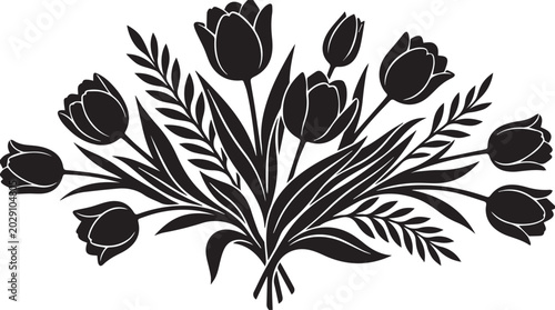 Black tulip bouquet silhouette vector, elegant floral arrangement with spring flowers and leaves, botanical blossom garden illustration