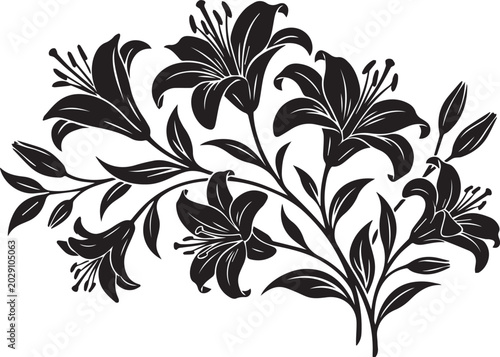 Elegant lily flower silhouette vector, black floral bouquet illustration, decorative botanical lily branch for wedding invitations and greeting cards