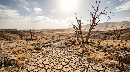 A desolate desert landscape with dry cracked earth and dead trees under a bright sun with mountains in the background and scattered clouds