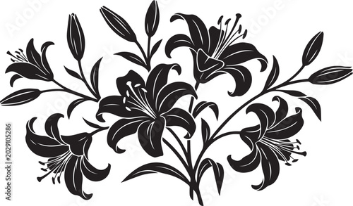 Vintage rose bouquet vector illustration, black and white floral bunch with ribbon bow, elegant botanical rose silhouette for wedding invitations