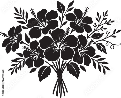 Hibiscus flower bouquet vector, black silhouette tropical floral arrangement, botanical hibiscus blossoms with leaves for summer wedding invitations