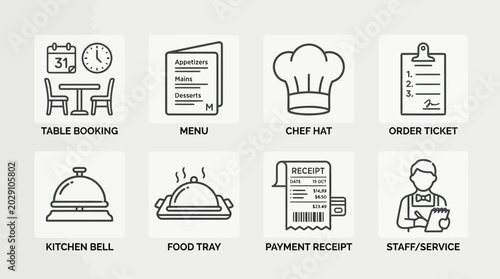 Set of vector outline icons representing restaurant and food service elements such as table booking, menu, chef hat, order ticket, kitchen bell, food tray, payment receipt, and staff service.