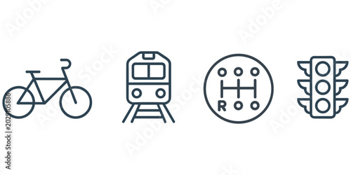 Schilderij op canvas Set of four dark blue line bicycle, train, gear shift and traffic light on white