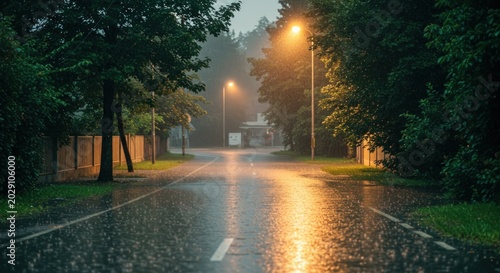 Empty asphalt road glistening with rain under glowing streetlights during a misty night.