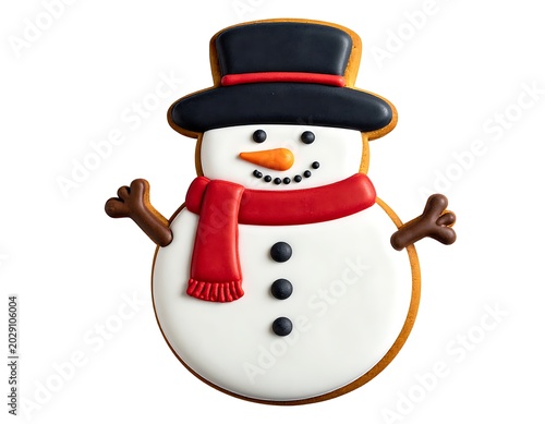 A decorated snowman cookie with hat and scarf