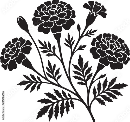 Marigold flower silhouette vector, black floral botanical illustration, marigold garden plant stencil, decorative blooming marigold line art
