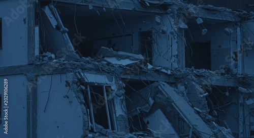 Exterior view of a heavily damaged and collapsed multi-story apartment building.
