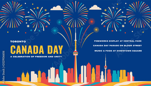 Canvas Print Vibrant graphic illustration of Canada Day celebration in Toronto with fireworks exploding over the city skyline and iconic CN Tower, symbolizing freedom and unity