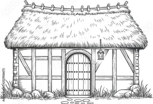 Black and white illustration of a traditional thatched roof cottage with wooden door and lantern