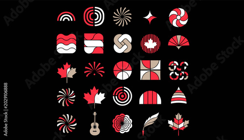 Bild auf Leinwand A grid of stylized red, white, and beige icons on a black background, featuring Canadian maple leaves, abstract shapes, and a ukulele