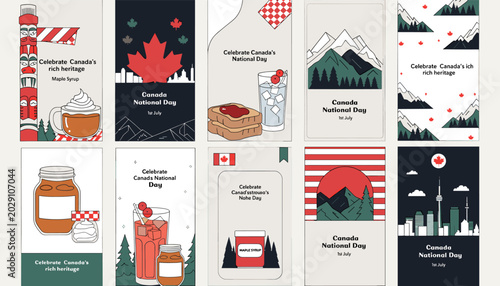 Quadro su tela A collection of ten vertical illustrations celebrating Canada Day and Canadian heritage, featuring iconic symbols, landscapes, food, and drinks