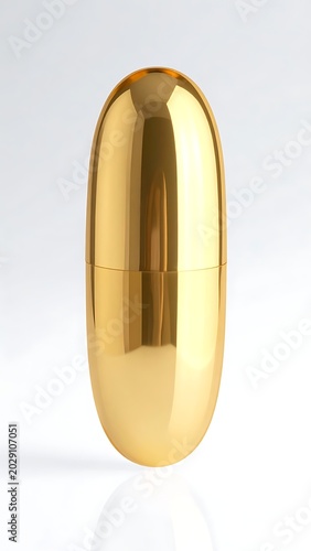 A large, shiny, gold-colored capsule on a white surface
