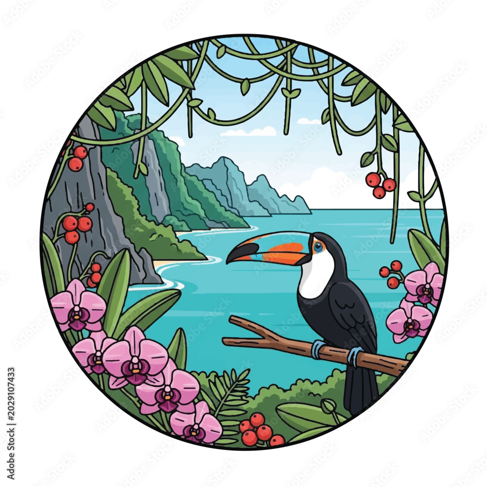 Obraz premium Colorful Toucan Perched on Branch.