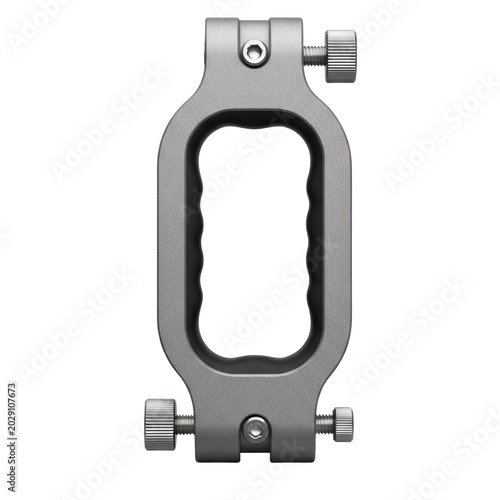 Industrial aluminum rod clamp with mounting screws on a transparent background