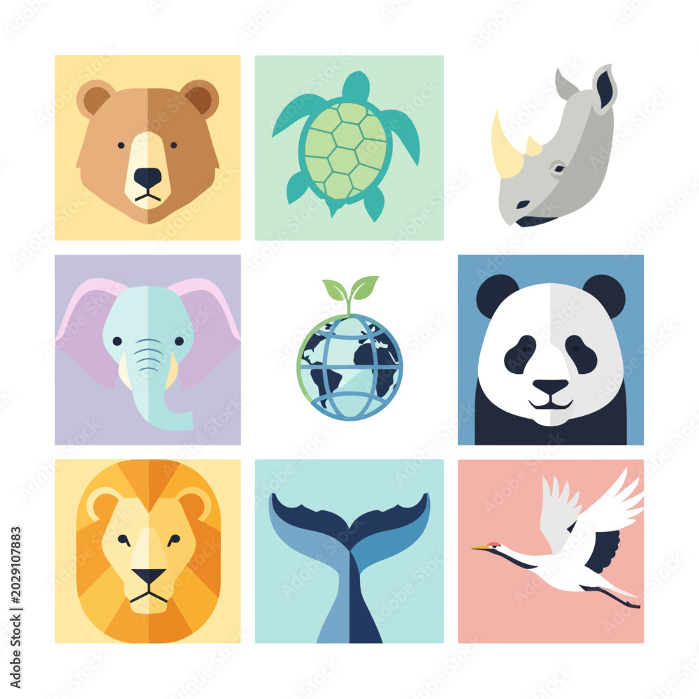 Fototapeta premium Cute Animal Icons Collection: Nature and Wildlife Conservation Concept