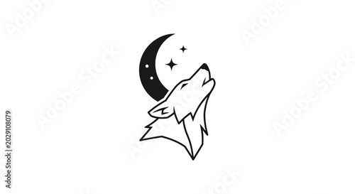 Stylized wolf howling at moon and stars, minimalist design, vector art