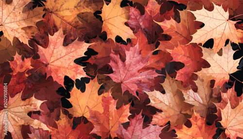 Konstfotografi A vibrant and detailed close-up of numerous fallen autumn leaves in rich shades of red, orange, and brown, creating a natural seasonal background