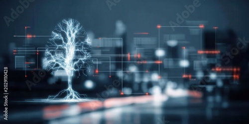 A complex neural algorithm allows the artificial intelligence to visualize a machine learning model datum as a forest of glowing neon trees and vines.