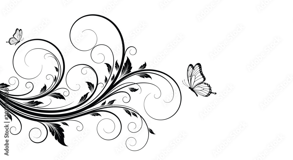 Fototapeta premium Minimalist and elegant black swirl pattern with small leaves and butterflies creates a graceful border on a clean white background.