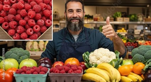 Happy bearded male shopkeeper standing behind a counter filled with fresh fruits and vegetables.