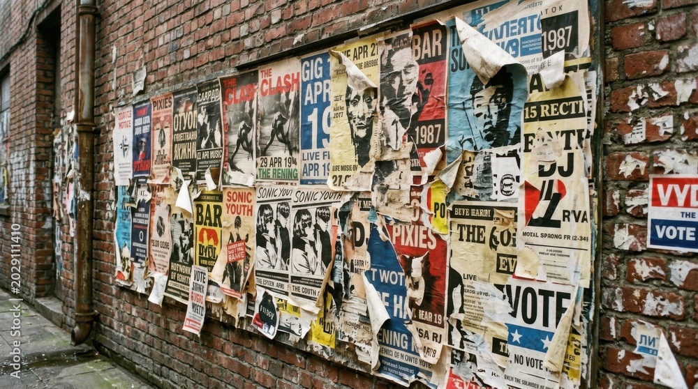 Fototapeta premium Weathered Brick Wall Adorned with a Collage of Faded Posters.