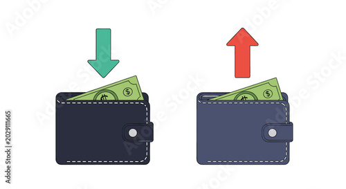 Financial concept illustration shows two leather wallets with green cash being deposited and withdrawn to represent income and expenses for budget.