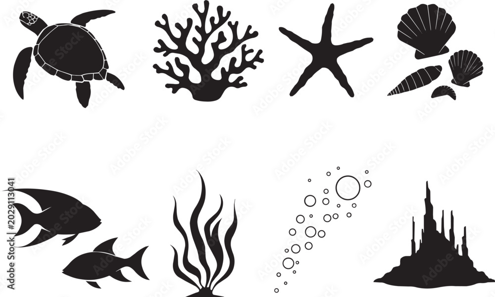 Fototapeta premium Underwater life silhouette illustrations including sea turtle coral starfish and tropical.